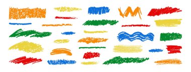 Kalem çizgileri ayarlandı. Tebeşir desenli fırça darbeleri. El çizimi karalamalar. Çok renkli kömür hatları koleksiyonu. Renkli röfleler ve serbest çizgiler paketi. Çocuk kalem izleri. Sert kenar karalama bg