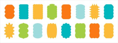 Soyut şekil çıkartmaları. Retro zig zag dalgalı şekilli çerçeveler. Vektör bükülmüş dikdörtgen ve oval soyut fotoğraf çerçeveleri, metin kutuları. Son teknoloji çocuklar için geometrik pullar. Düz çentikli elips şekilleri ayarlandı