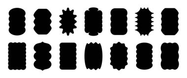 Soyut dalga şekilli çıkartmalar. Zig zag dalgalı şekilli çerçeveler. Vektör bükülmüş dikdörtgen ve oval soyut fotoğraf çerçeveleri, metin kutuları. Deniz tarağı kenarlı siyah geometrik pullar. Düz çentikli elips şekilleri ayarlandı