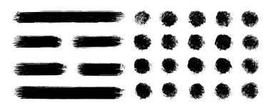 Fırça hattı hazır. Vector soyut siyah mürekkep grungy düz çizgiler, daireler, sınırlar ve çerçeveler. Dokulu boya darbeleri. Klasik temiz fırça darbeleri deseni. Elle çizilmiş pullar arka plan