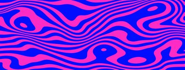 Psikedelik şablon. Soyut mavi pembe dalga arkaplanı. Pembe vektör girdabı. Dalgalı harika zebra dokusu. Sıvı modayı takip eden y2k tarzı parlak kolo fon. Trippy 90 'lar yatay pankart bg 