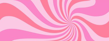 Pembe dondurma kıvrımlı arka plan. Spiral şeker desenli. Çilek renginde harika bir vektör. Radyal lolipop çizgili arka plan. Soyut eğlenceli doğum günü afişi. Klasik güneş ışınları illüstrasyonu