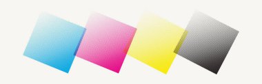 CMYK nokta desenli arkaplan. Yarı ton noktalı prezervatif renkli mürekkep dokusu. Vektör soyut basılı üretim tasarımı. Bitmap pop sanat afişi. Postscript aktarım çizelgesi çizimi