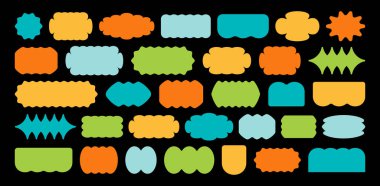 Soyut şekil çıkartmaları. Vektör çerçeve elemanları ayarlandı. Etiket tasarımı grafik seti. Retro kabarcık rozetleri ya da logo arka planı. Popüler y2k pop çizgi film ikonu paketi. Soyut geometrik şekiller, yamalar