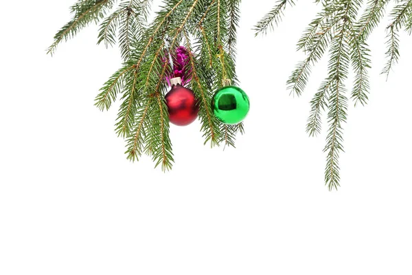 Kerstboom Tak Met Decoraties Geïsoleerd Een Witte Achtergrond — Stockfoto