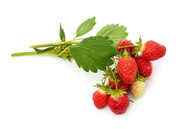 Beyaz arka planda yaprakları olan olgun çilek.