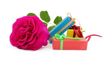 Red roses and gifts isolated on white background. clipart