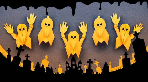 Halloween Hintergrund Festlich Mit Scherenschnittkunst Und Gruseligen Papiergeistergruppen Konzeptkunst Kopierraum — Stockfoto