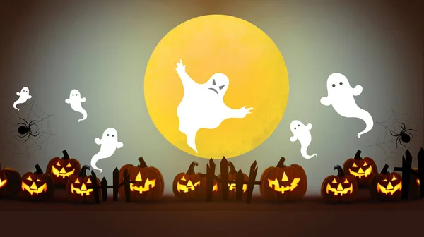 Halloween Hintergrund Mit Scherenschnittkunst Mit Kürbiskopfgeistern Und Gruseligen Kleinen Weißen — Stockfoto