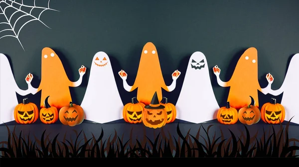 Hintergrund Des Halloween Festivals Und Kürbiskopfgeistergruppe Kunstkonzept Papierschneidekonzept Kopierraum Digitale — Stockfoto