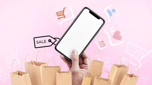 Shopping online on social media for Mobile Application and Social media marketing digital concept on Pink background for icon like, message, comment, Shopping, friend, digital, banner -3d rendering