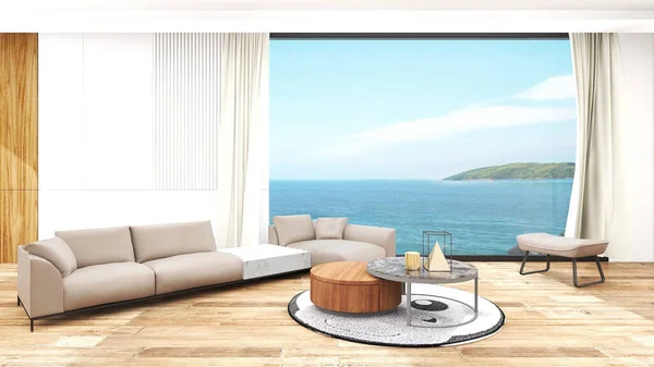 Luxury beach and Modern living of a simple relaxation area in beautiful sea view - Wooden floor background - 3D rendering