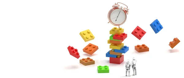 商业概念和时钟创意 将时间花在具有不同成就概念的商业开发上 砖块玩具和白色背景下的游戏拼图隔离 3D渲染 — 图库照片