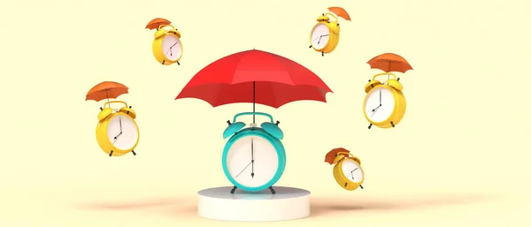 Stock image Alarm clock and umbrella with different business goal ideas for the success of future investments - Time management as business concept on Yellow background. copy space, digital -3d Rendering