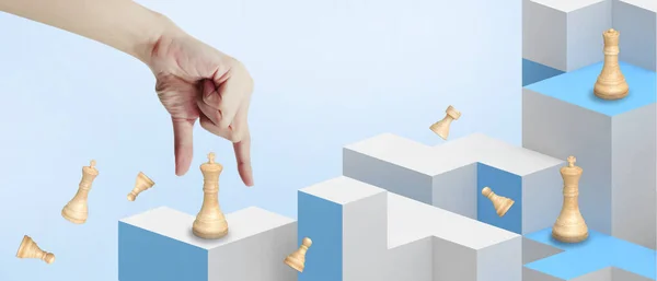 蓝色背景下的国际象棋领导创意和商业理念与商业成功和发展理念 复制空间 3D渲染 — 图库照片