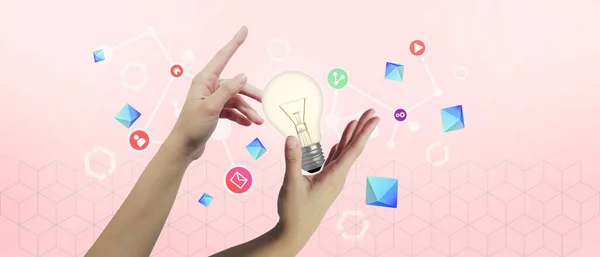 Creative idea light bulb and hands of leaders communicating with technology and working towards business goals concept on red background. copy space, software, digital, banner -3d Rendering