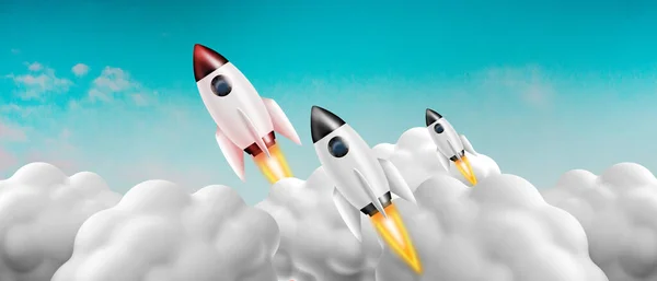 Rocket Leadership Creative idea. Business Start up for success and development concept on Sky background. flat style, Futuristic, finance, template, copy space, banner-3d Rendering