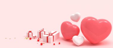 Happy Valentine's day sale banner and white Gift box on pink background, Romantic elements of love and heart. copy space, Banner, web poster, flyer, stylish brochure, greeting card -3d Rendering