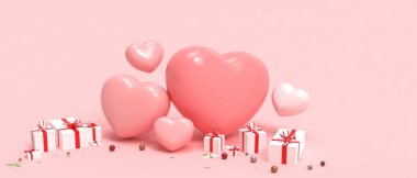 Happy Valentine's day sale banner and white Gift box on pink background, Heart and elements of love concept. copy space, Banner, web poster, flyer, stylish brochure, greeting card -3d Rendering