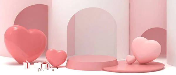 Valentine Day Hearts Podium Product Platform Romantic Love Red Background — Stock fotografie