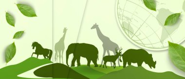 Yeşil arka planda sürdürülebilirlik kavramı için dünya vahşi yaşam ortamı ve dijital kağıt kesim tarzı. 3 Mart, Doğal, poster, afiş, kopya alanı, web sitesi - 3d Hazırlama