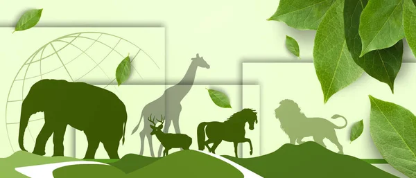 World wildlife day with Animal and digital Paper Cut style on Green background. suitable design for poster, March 3, banner, copy space, website -3d Rendering