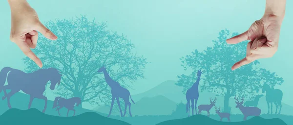 World Wildlife Day banner with animal in forest. Paper Cut style on Blue background. Natural, environment, banner, copy space, website -3d Rendering