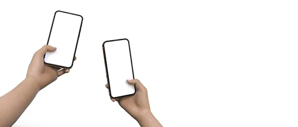 Frau Hält Smartphone Isoliert Mit Leerem Bildschirm Auf Weißem Hintergrund — Stockfoto