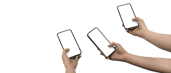 Mann Hält Leeres Bildschirm Smartphone Isoliert Auf Weißem Hintergrund Anwendung — Stockfoto