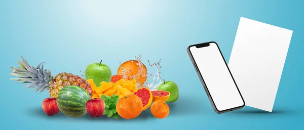 Online Frische Marketing Ideen Auf Blauem Hintergrund Obst Und Gemüsemarkt — Stockfoto