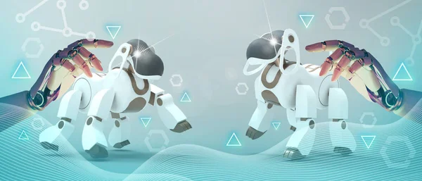 Metaverse robots dog and digital pet technology and the development of protection systems against unsecured internet connections. copy space, banner, software -3d Rendering