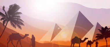 Mısır Piramitleri ve çöl geçmişleri çağdaş kültür konsepti ve insanların yaşam tarzı için deve tasması takmış bir adamın silueti. kopya alanı, afiş, web sitesi, poste - 3d illüstrasyon