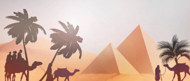 Mısır 'da piramitler ve çöl arkaplanları. Sabah güneşi ve kültürel turizm konsepti için deve tasmalı bir adamın silüeti. kopya alanı, afiş, web sitesi, poste - 3d illüstrasyon