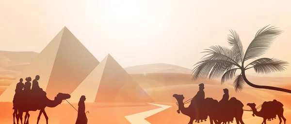 ピラミッドエジプトと観光名所と現代文化ルートの概念のためのラクダの綱に男のシルエットと砂漠の背景 コピースペース バナー ウェブサイト 3Dイラスト — ストック写真