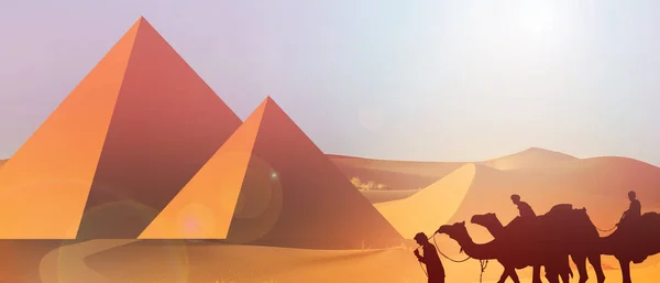 Stock image Pyramids and desert backgrounds in Egypt with Silhouette of a man on a camel leash for Morning sunshine and cultural tourism concept. copy space, banner, website, poste - 3d illustration