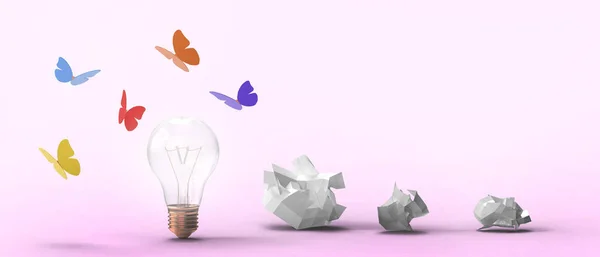 楽しいアイデアを作成し ピンクの背景に折り紙の紙蝶を介してオンラインビジネスを開発して電球 コピースペース バナー ウェブサイト 3Dレンダリング — ストック写真