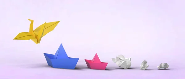 Paper boat and paper bird ideas with business leadership ideas and adaptation concepts in online marketing competition in purple background. copy space, banner, website, poste - 3d rendering