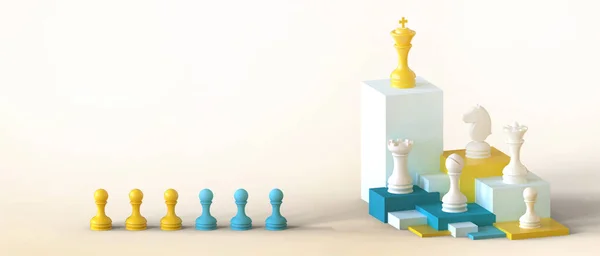 国际象棋的理念是培养新一代的商业领袖 作为一个团队 在黄色背景下为商业目标而努力 复制空间 Poste 3D渲染 — 图库照片