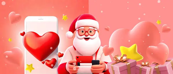 New Year gifts with ideas by ordering gifts through online shopping with smartphones. Santa Claus, greetings, celebrations, promotions, banners, hearts, 3d rendering
