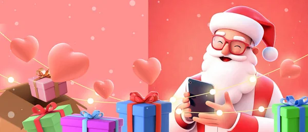New Year\'s gifts and ideas to send care to people far away by buying gifts through online shopping. Santa Claus, greetings, celebration, promotion, smartphone, banner, heart, 3d rendering
