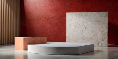 3D Podyum Kare Taş Yaya Yaya Volkanik Taş Konsepti 'nde Kırmızı Beton Duvarda Minimum Stil Mücevher Ürünlerini sergilemek için. pankart, kopyalama alanı, web sitesi, 3d oluşturma.