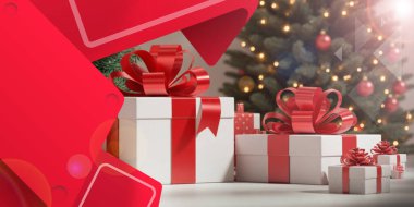 Soyut arkaplan. İnternette Fikir Satma ve Yılbaşı Hediyeleri ve Noel Satışı Tanıtımı. Tatil, Kırmızı, Beyaz, Festival, Dekorasyon, Kutlama