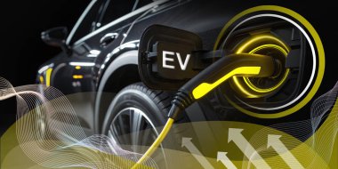 Endüstriyel geçmiş. Sarı şarj istasyonu konseptinde EV arabaları şarj etmek enerji ve teknolojideki gelişmeler