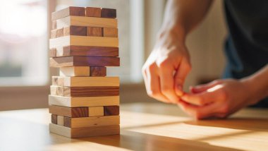 Yatırımda stratejik planlama ve risk yönetimi ile ilgili iş kavramları. Jenga, blok, ahşap, oyun, strateji, kesinlik