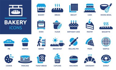 Fırın ikonu seti. İçinde ekmek, bisküvi, doğum günü pastası, kruvasan, çörek, pasta ve kurabiye ikonları var. Katı simge koleksiyonu. Vektör illüstrasyonu.