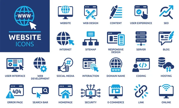 Web sitesi simgesi ayarlandı. Web tasarımı, internet, içerik, SEO, sunucu, ana sayfa ve e-ticaret simgesi içeriyor. Katı simge koleksiyonu. Vektör illüstrasyonu.