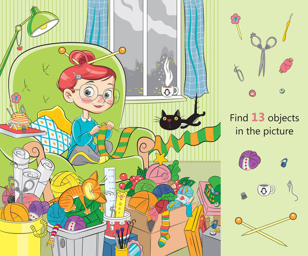 Молодая писательница помешана на работе. Найти 13 скрытых объектов на картинке. Загадка скрытых объектов. Векторная иллюстрация.