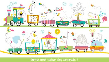 Draw and color the animals! Coloring book for children. Cheerful, funny characters, dotted outline. Vector illustration. clipart