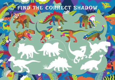  Find the right shadow. Vector game for children with the image of dinosaurs. clipart