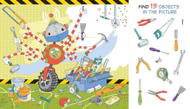 Komik çoklu kollu robot tamirat yapıyor. Resimde 13 nesne bul. Gizli nesne bulmacası. Vektör illüstrasyonu.